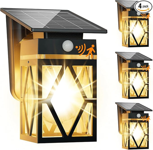 4 Pack Solar Porch Lights Outdoor, Dusk to Dawn & Motion Sensor Solar Wall Light with Lantern Shape, 3 Modes IP65 Waterproof, E26 Bulb Exterior Sconce for Front Porch, Garage, Patio Security