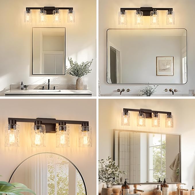 4-Light Bathroom Light Fixtures Modern Oil Rubbed Bronze Vanity Lights with Water Ripple Glass Wall Sconces Over Mirror for Bathroom, Powder Room, Living Room