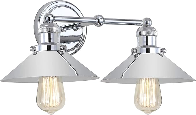 JONATHAN Y 17.5" Chrome 2-Light Industrial Farmhouse Metal Vanity Light Wall Sconce, Metal Shade for Bathroom Mirror, Kitchen, Entryway, LED Bulb Included (JYL7424A)