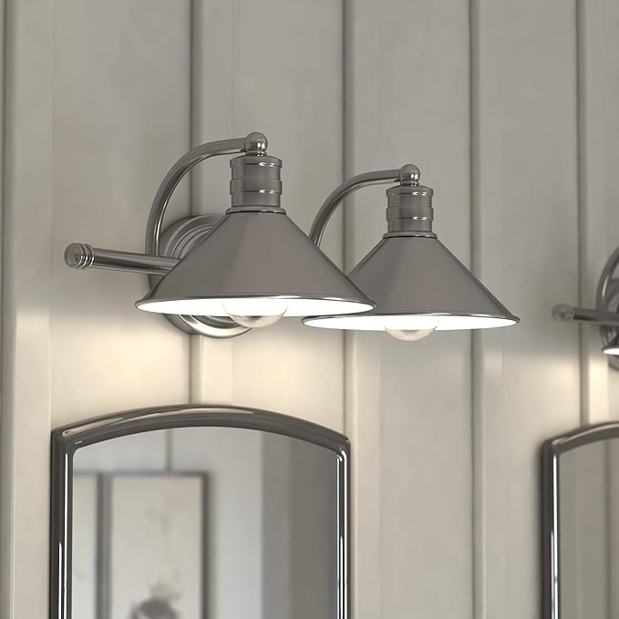 VAXCEL Akron 2-Light 18 inch Wide Satin Nickel and Matte White Farmhouse Bathroom Vanity Lighting Fixture, Metal Shade, Dimmable, LED Compatible, Over The Mirror Mounted Steel Wall Sconce