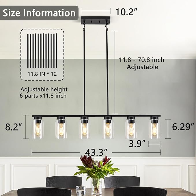 Dining Room Light Fixture Island Lights for Kitchen 6-Light Kitchen Island Lights Farmhouse Dining Room Light Black Linear Chandelier Pendant Lights Kitchen Island