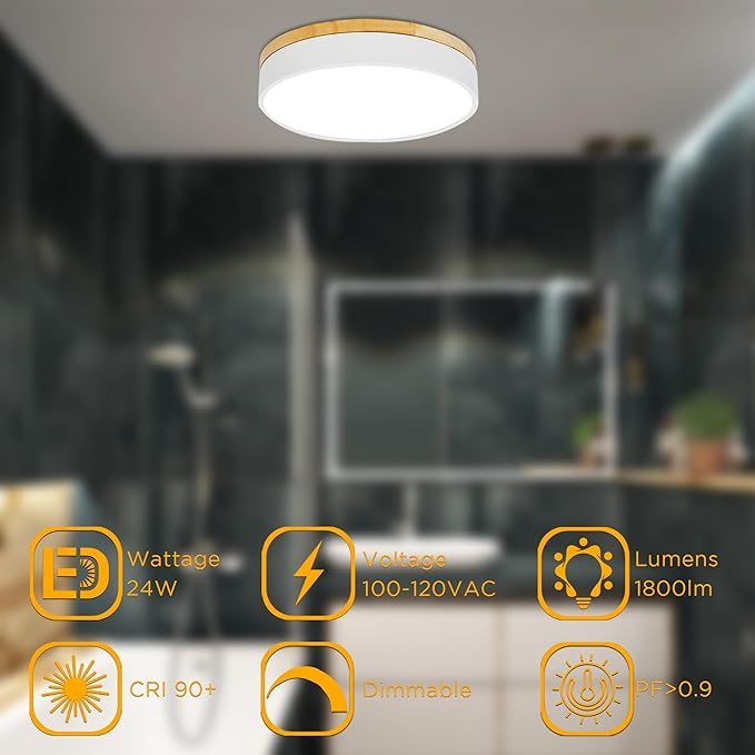 Modern Flush Mount Ceiling Light Fixture 12 Inch,24W Wood Bedroom Ceiling Light 2700-5000K Tunnable Round Ceiling Lamp,Ceiling Lights for Bedroom Living Room,Hallway