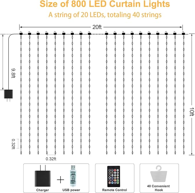 CCILAND Smart 800LED Curtain Lights 20Ft x 10Ft with App Programmable, Color Changing Dynamic DIY Curtain String Lights Music Sync for Christmas Indoor Outdoor Backdrop Decor