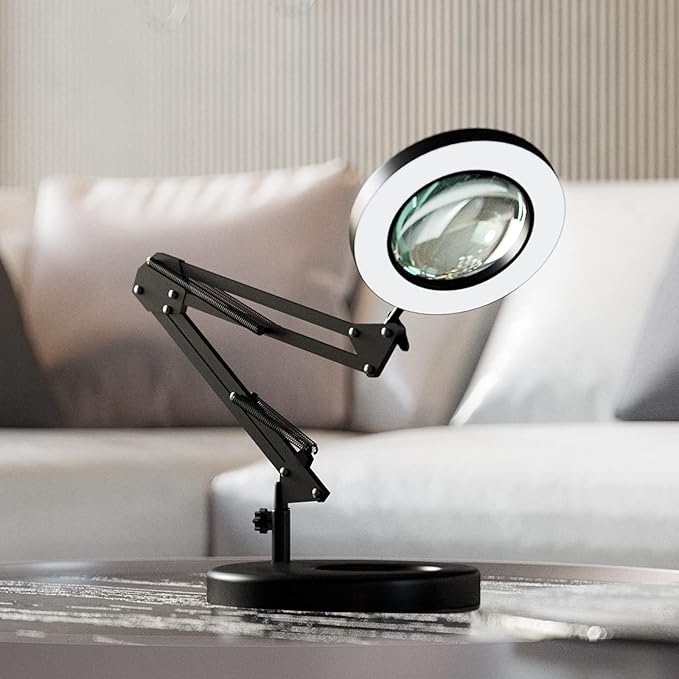 HITTI 10X Magnifying Glass with Light, 1,800 Lumens Stepless Dimmable, 3 Color Modes, 4.2″ Real Glass Lens LED Desk Lamp & Clamp, Magnifier Light and Stand for Crafts, Soldering, Fly Tying, Close Work