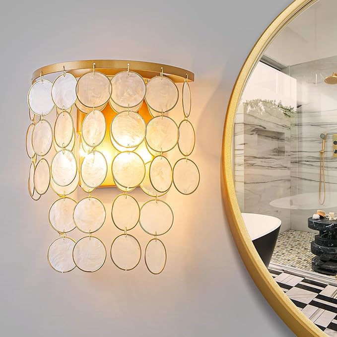 2-Light Capiz Shell Wall Sconces, Coastal Design Indoor Wall Lamp, Vanity Wall Mount Light Fixture for Bathroom, Hallway, Bedroom, True Shell Pendants & Copper Finish Frame