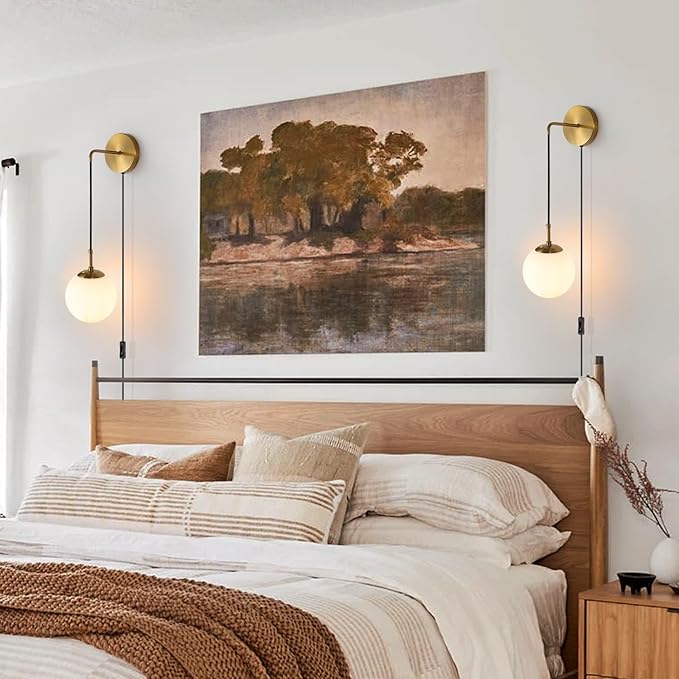 KUZZULL Wall Sconces Set of Two Plug in Wall Sconces Brushed Brass Gold Wall Lamp with Cord Wall Sconce Plug in with Globe White Glass Shade Sconces Set of 2 Wall Light Sconce