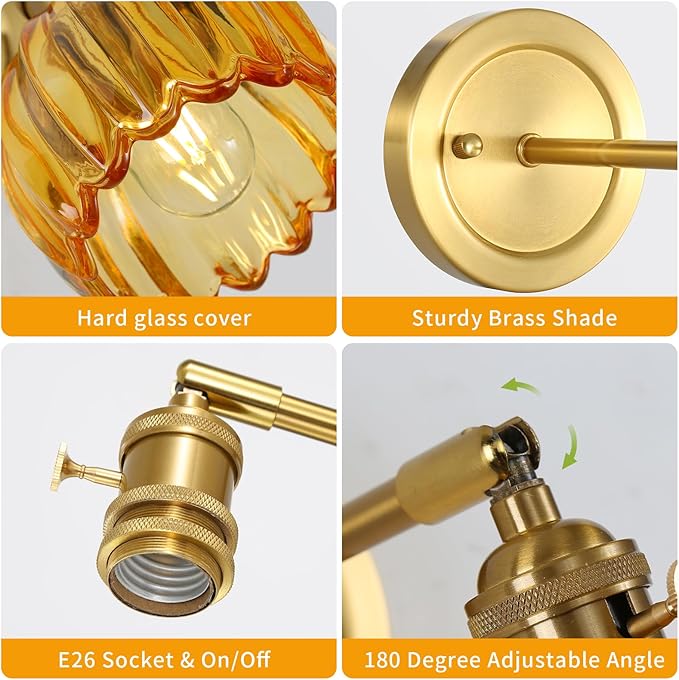 Wall Sconces Set of 2 Vintage Wall Lights Indoor with Amber Glass Shade 180°Adjustable,Twist Switch Modern Wall Lighting Fixture for Bedroom Bathroom Doorway Vanity Entryway Living Room