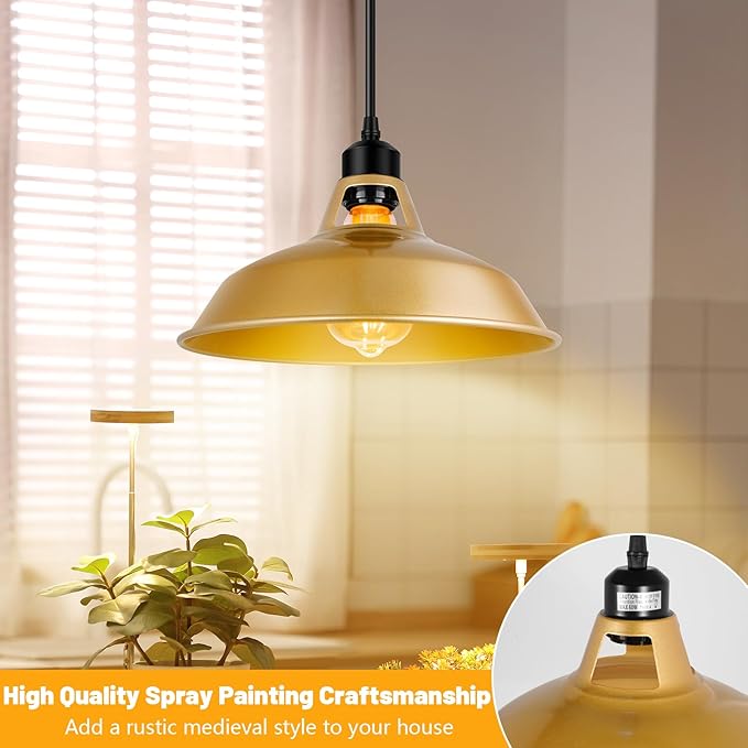 Plug in Pendant Light, Vintage Hanging Lamps with Gold Barn Shade Pendant Lighting with 14.76ft Cord On/Off Switch, Adjustable Pulley Hanging Lights for Kitchen, Bedroom, Living Room (1 Pack)