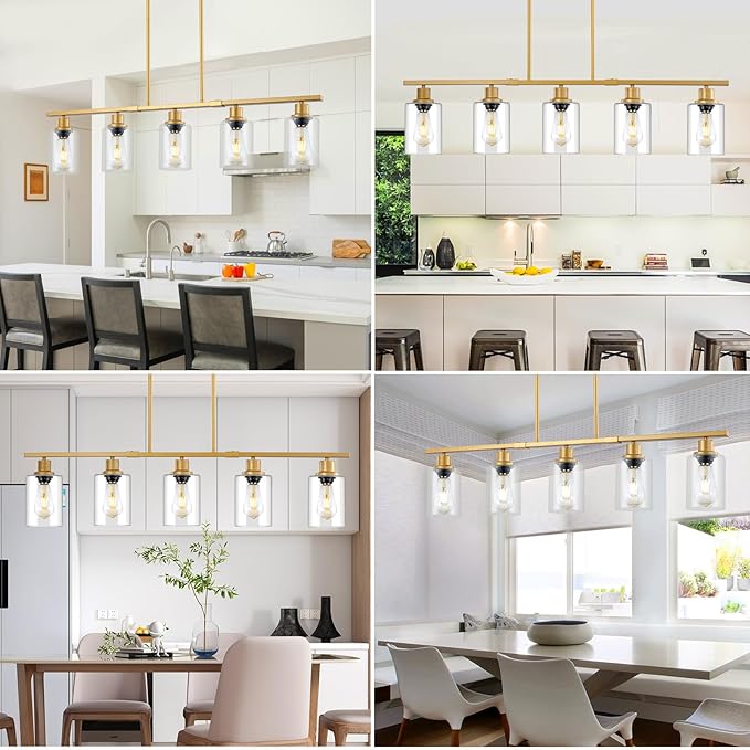 39.4" Kitchen Island Lighting, 5 Lights Clear Glass Pendant Light Fixtue, Golden Linear Metal Chandelier for Dining&Living Room Foyer,Height Adjustable,E26 Socket