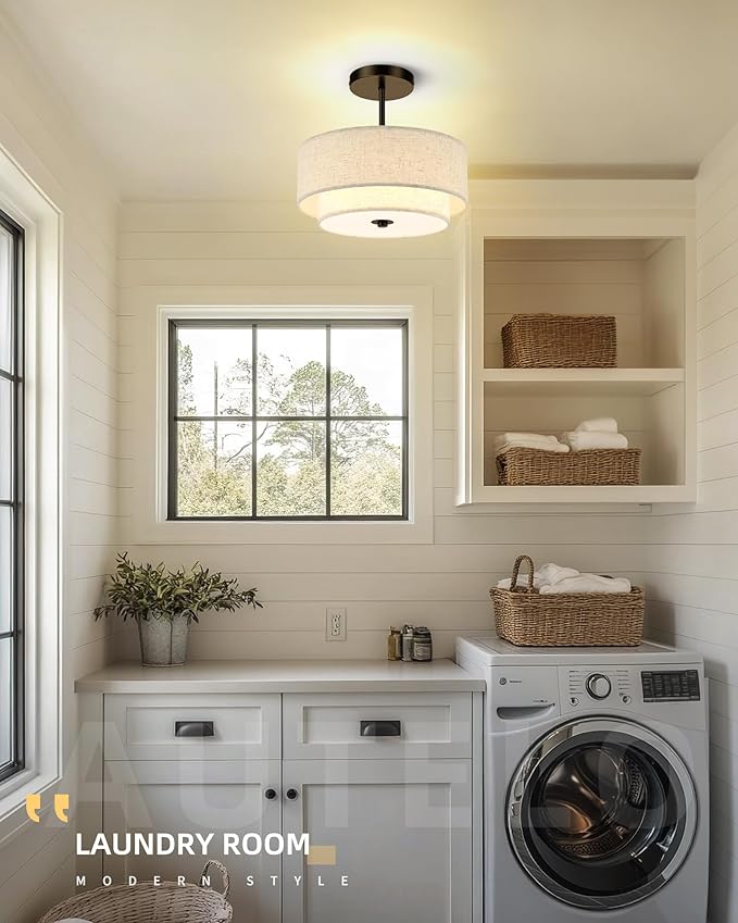 AUTELO Black Semi Flush Mount Ceiling Light, 3-Light 12" Flush Mount Ceiling Light in Black Finish with Drum Fabric Shade for Hallway Bedroom Kitchen, C2506 BK-12
