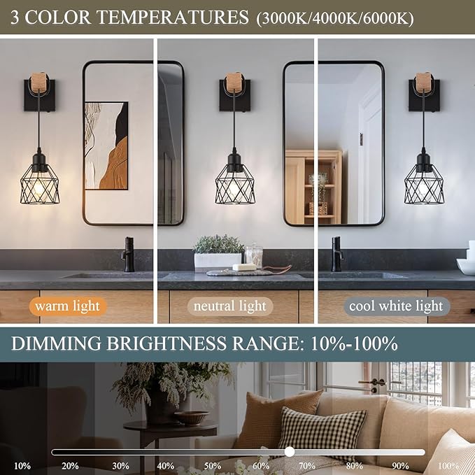 Battery Operated sconces Set of 2 for Bathroom, Dimmable Wall Sconces with Remote Control, LED Wireless Wall Lights for Living Room, Hallway, Bedroom(2 Pack)
