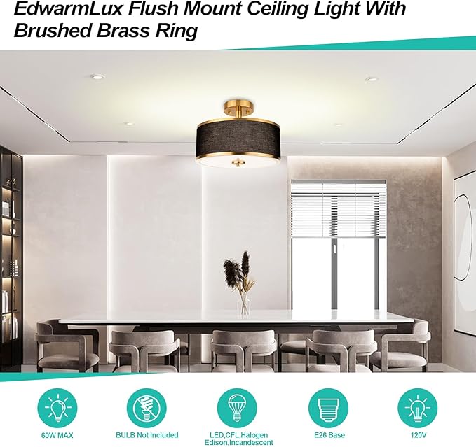 3-Light Semi Flush Mount Ceiling Light Fixture, 12.6" Gold Drum Light with Black Fabric Shade, Modern Close to Ceiling Light for Living Room Bedroom Dining Room Kitchen Hallway Entry Foyer