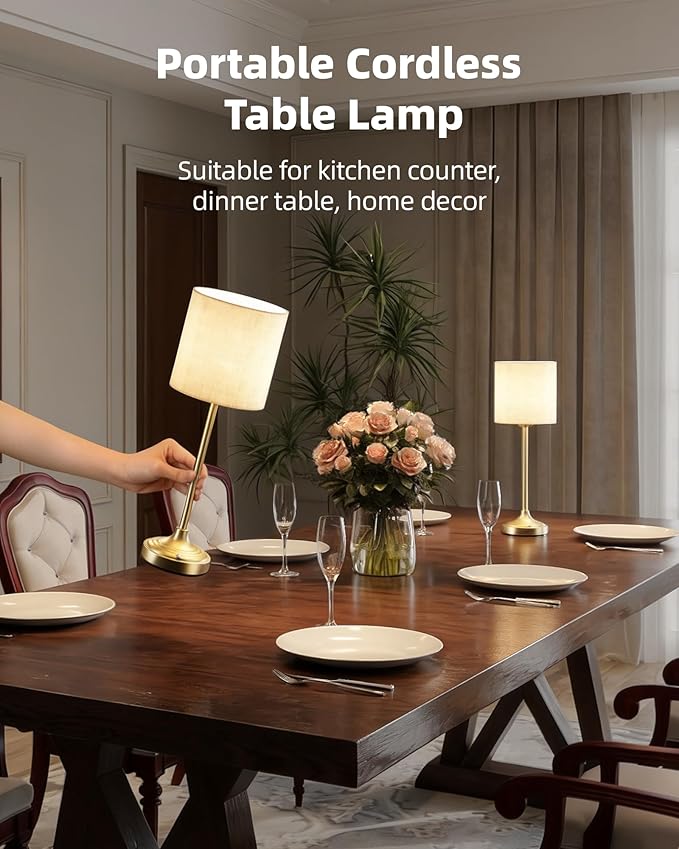 Cordless Table Lamp, 8000mAh, Dimmable, Ambient Light, 2700K, Touch Control, Portable, LED, Wireless, Rechargeable, Battery Operated, Desk Lamp, Kitchen Lamp, Fabric Shade, for Dining Room, Bedroom