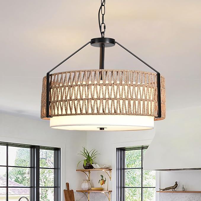 4-Light Boho Light Fixtures 19.7" Rattan Pendant Light Rustic Farmhouse Chandelier for Dining Flush Mount Ceiling Hanging Light Fixture for Hallway Entryway Kitchen Island