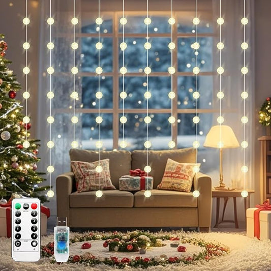 Ball Curtain Lights, Warm White Window Light 70 Balls Hanging Lights with Remote Fairy Led Twinkle String Light Home Bedroom Wall Ceiling Décor for Christmas, Wedding, Party, Birthday