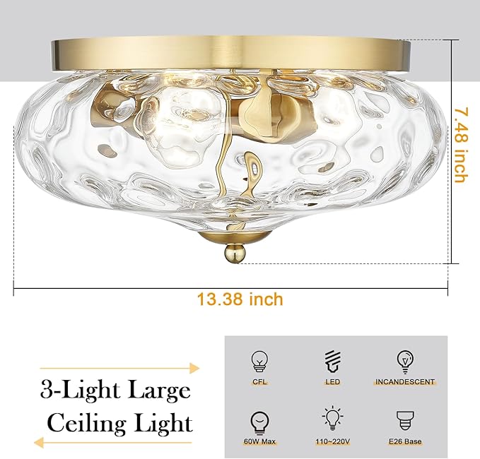 Darkaway Large Ceiling Light Fixtures, 3-Light Flush Mount Indoor Outdoor Ceiling Light with Water Ripple Glass Shade for Hallway Kitchen Bedroom Porch Living Room Gold Finish