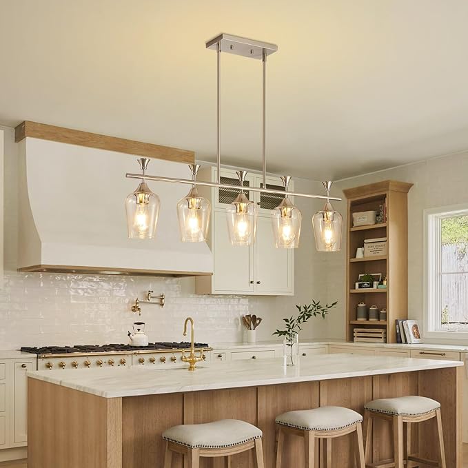 37" Dining Room Light Fixture/Chandelier Over Table, 5-Light Brushed Nickel Kitchen Island Lighting with Clear Glass Shade, Modern Hanging Pendant Lights Fixture for Kitchen Island, Dining Room, Bar