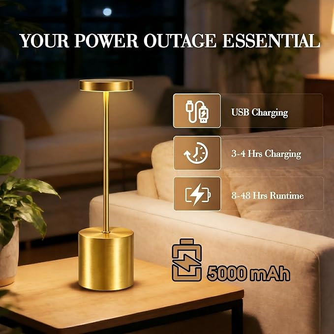 AUDLES Gold Cordless Table Lamp Set of 2, 5000mAh Rechargeable Lamp with Touch Control & Stepless Dimming, 3 Light Modes, IP54 Waterproof Portable Light for Dining Table, Patio, Bedroom, Power Outage