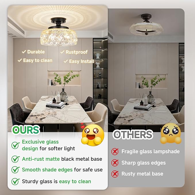SunRider Semi Flush Mount Ceiling Light Fixture, Modern 3-Light Globe Glass Ceiling Light, Black Vintage Pendant Lamp for Kitchen Hallway Entryway, Bulbs Not Included