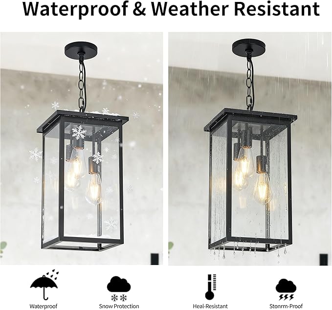 Large Outdoor Indoor Pendant Light 3-Light, Modern Black Metal Outside Chandelier Exterior Hanging Fixture Ceiling Mount with Clear Glass Shade for Front Porch Entrance Foyer Entryway