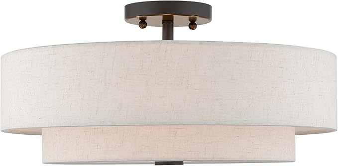 Livex Lighting 51085-92 4-Light Semi Flush Mount Ceiling Fixture with Oatmeal Color Fabric Hardback Drum Shade and Satin White Diffuser, English Bronze