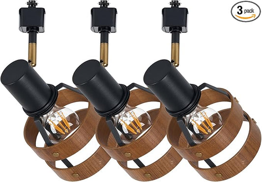 Modern H-Type Track Lighting, Black Adjustable Heads with Real Walnut Wood Lampshade and Brass Swivel, for Accent Retail-Pack of 3, E26 Base
