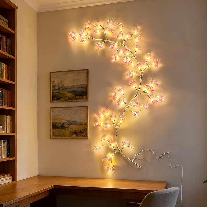 Cherry Blossom Tree Branch Lights: Cherry Blossom Willow Vine Garland with 54 LED Light and Remote for Wall Decor - 4 Lighting Modes Christmas Indoor Decorations for Home Bedroom Window (Pink)
