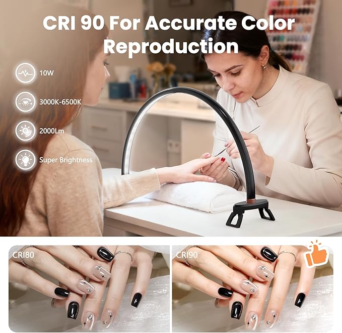 Yokilly Arc Half Moon Light: 20" Half Moon Light with Foldable Bracket for Desk Salon Table Use - No Flicker & Shadow-Free Desk Lamp with Stepless Brightness 3000-6500K for Manicurist Nail Tech