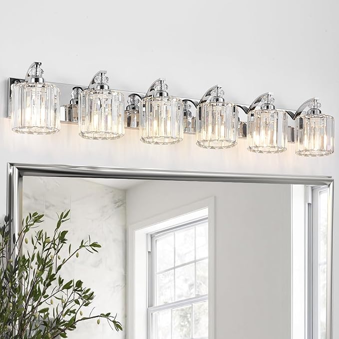 6-Light Modern Bathroom Light Fixture Chrome Vanity Lights Over Mirror Wall Sconce Lighting with K9 Crystal Shades Bathroom Wall Lamp E26 Base for Bedroom, Living Room, Hallway