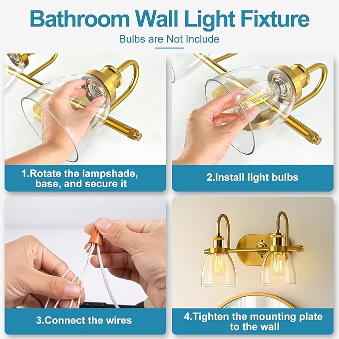 Lightdot Brushed Nickel Bathroom Light Fixture, 17.5IN 2-Light Bathroom Vanity Light with Clear Glass Shades, 60W Max/120V Modern Gold Vanity Lights for Mirror Kitchen Living Room, E26 Base-Gold
