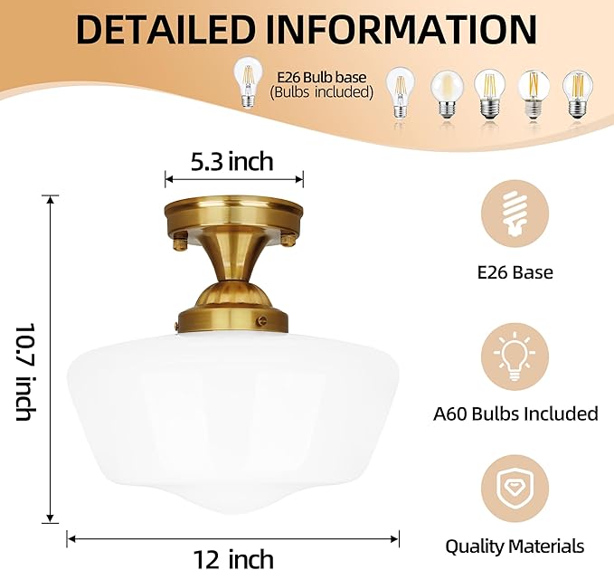 Bagood 12" Brass Schoolhouse Lights Fixture Milk Glass Light Fixtures Mid Century Light Fixtures School House Lights Fixture Ceiling Semi Flush Mount Ceiling for Bathroom Bedroom (Bulb Incl.)