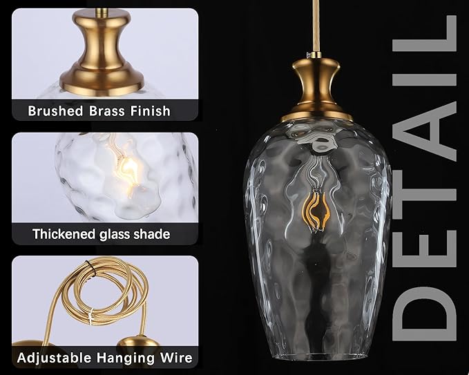 2 Pack Glass Pendant Lights Kitchen Island Gold Vintage Pendant Light Hand-Blown Hammered Clear Glass Hanging Light Fixtures E26 Brass Pendant Light for Kitchen Sink Dining Room