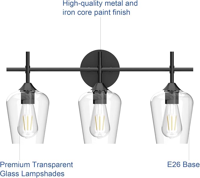 Ralbay Industrial Bathroom Vanity Light Fixtures 3-Lights Matte Black with Clear Glass Vintage Edison Wall Lamp Light Fixture for Bathroom