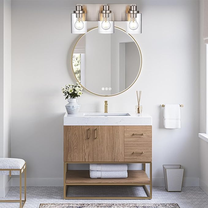 3 Light Bathroom Vanity Light Brushed Nickel Bathroom Lighting Fixtures Over Mirror with Clear Glass Shade, Modern Farmhouse Wall Sconces Vanity Lights for Bedroom Living Room