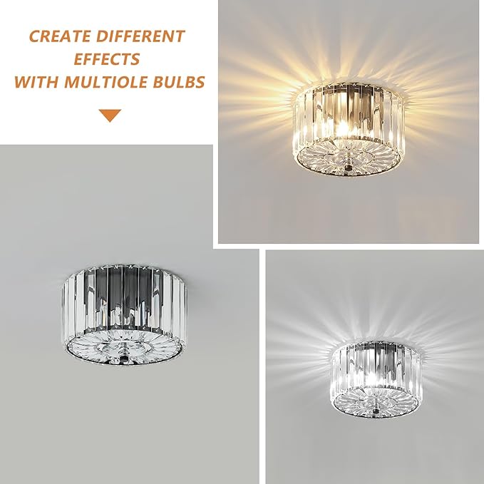 Small Crystal Ceiling Light, Modern Semi Flush Mount Ceiling Lighting Fixture, Black Small Chandelier Light Fixture, Entryway Light Fixture for Kitchen Hallway Bathroom, 2-Light, XDD007-1-BK