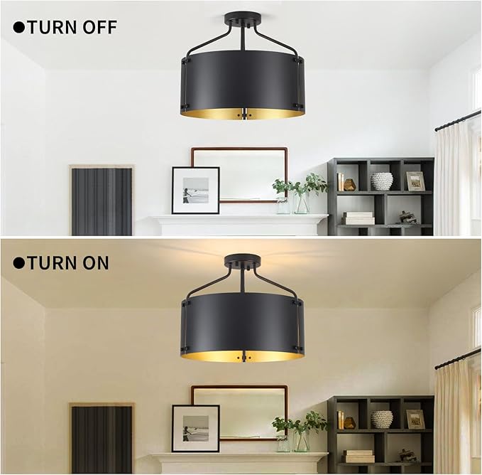 Semi Flush Mount Ceiling Light Fixture,Drum Black and Gold Chandelier Light Fixture,16''Bedroom Ceiling Lights,3-Light Kitchen Lighting Fixtures Ceiling for Farmhouse Hallway Porch Entryway