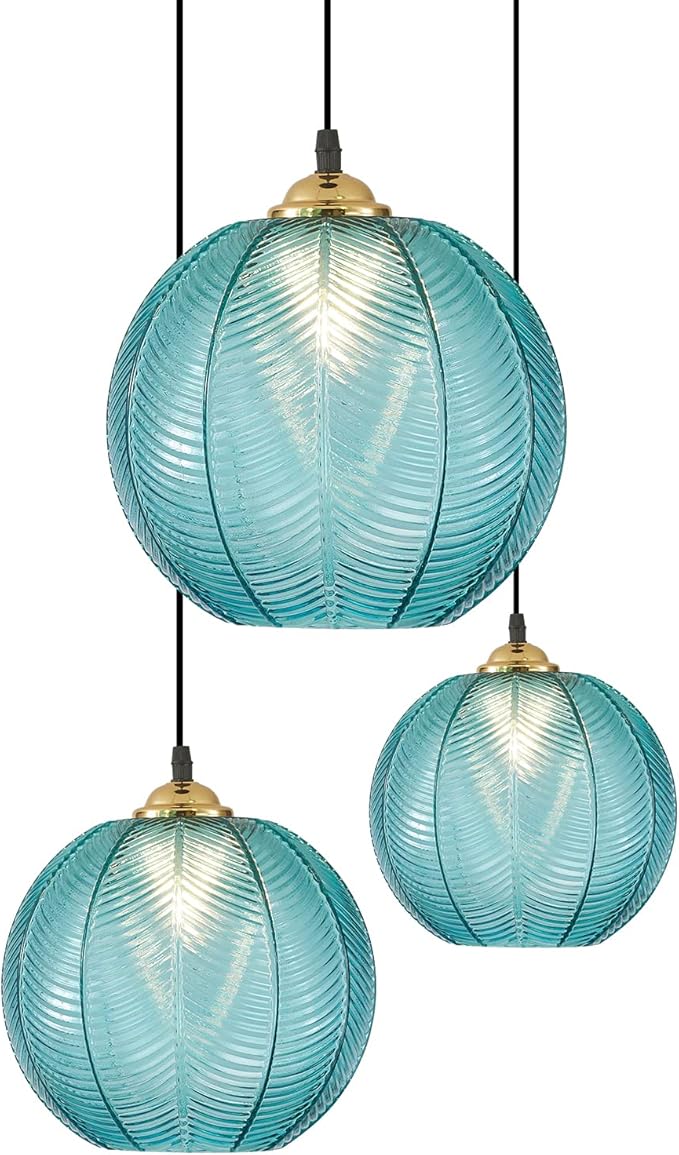 KCO Lighting Modern 3-Light Blue Striped Glass Pendant Light Fixture Nordic Glass Ball Cluster Chandelier Vintage Large Globe Pendant Lighting Mid-Century Black Island Light for Kitchen