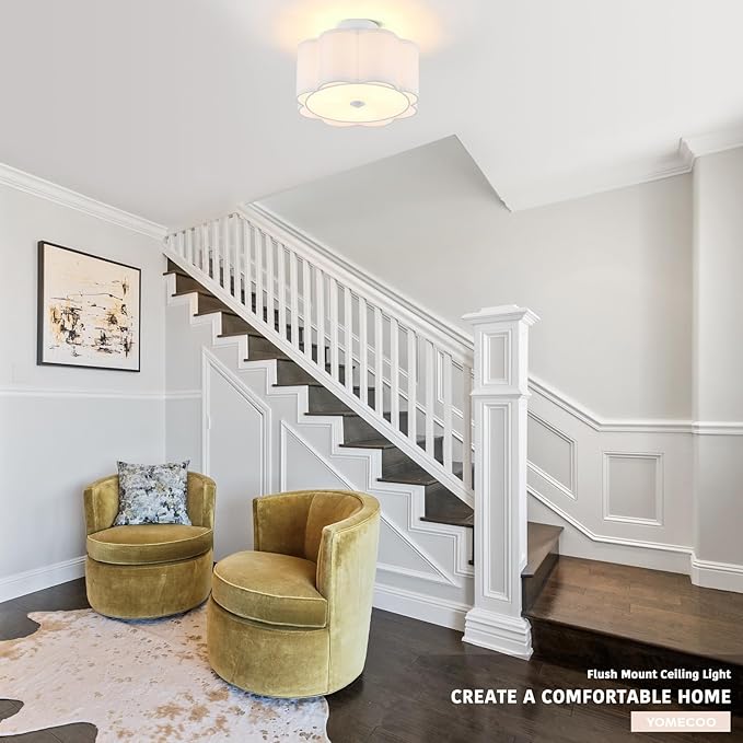 Drum Semi Flush Mount Ceiling Light, White Linen Fabric Shade Ceiling Light, Modern Farmhouse Close to Ceiling Light for Bedroom, Hallway, Living Room, Dining Room, Laundry Room