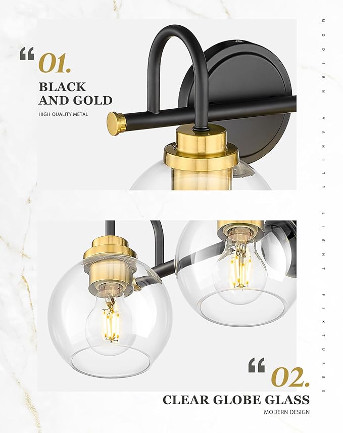 Bathroom Light Fixtures, 3-Light Black and Gold Vanity Lights with Globe Clear Glass, Modern Vanity Lighting Fixtures Over Mirror, AD-22280-3W-KG