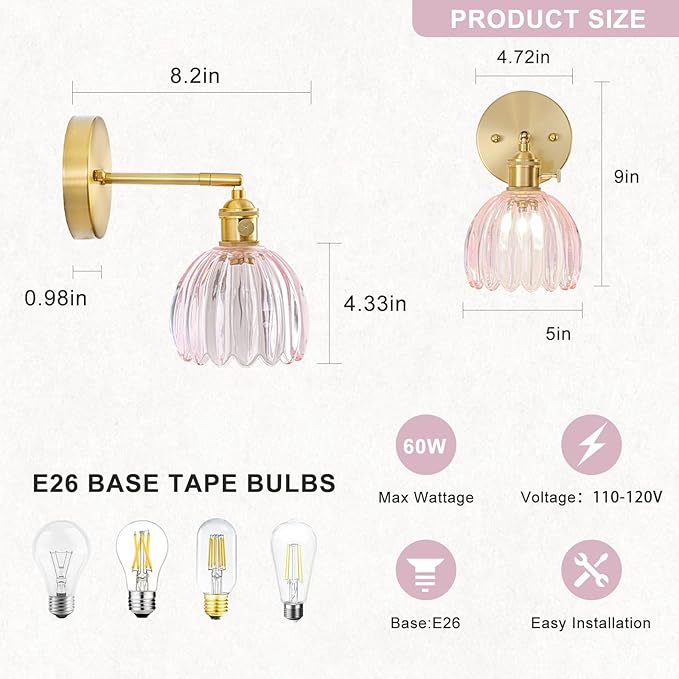 Wall Sconces Set of Two Hardwired, Vintage Sconce Light with Tulip Pink Glass Lampshade, Bathroom Wall Lights with Switch, Gold Wall Light Sconces Wall Decor Set of 2