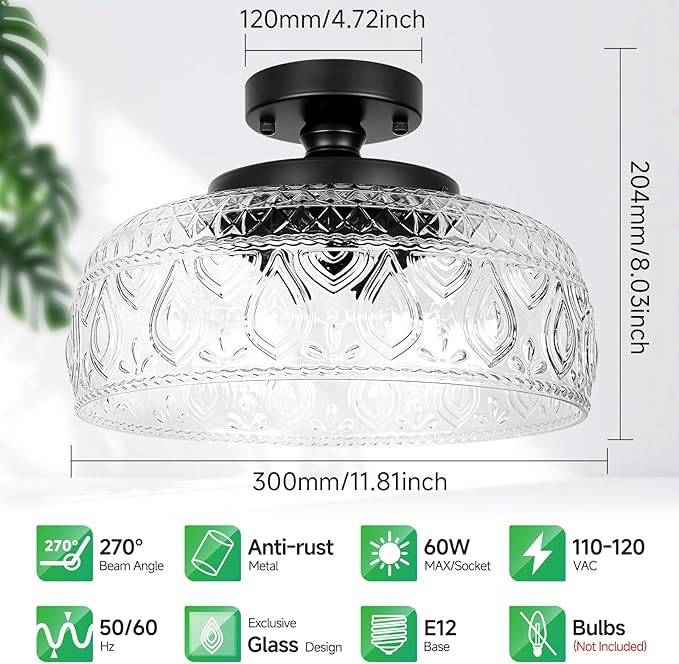 SunRider Semi Flush Mount Ceiling Light Fixture, Modern 3-Light Globe Glass Ceiling Light, Black Vintage Pendant Lamp for Kitchen Hallway Entryway, Bulbs Not Included