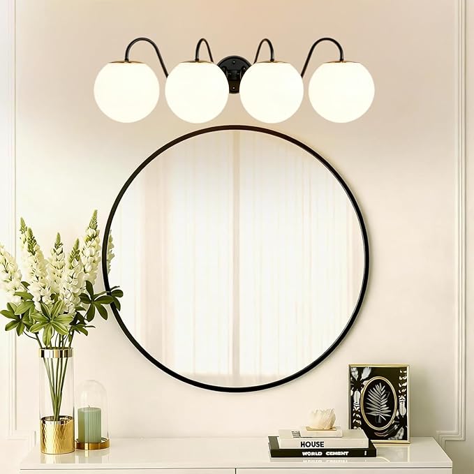 4 Lights Vintage Bathroom Vanity Light Fixtures Over Mirror, Matte Black Vanity Lights For Bathroom With Milk White Glass Globe Shade, Wall Lights For Bedroom, Hallway, Dressing Table(Includ G9 Bulbs)