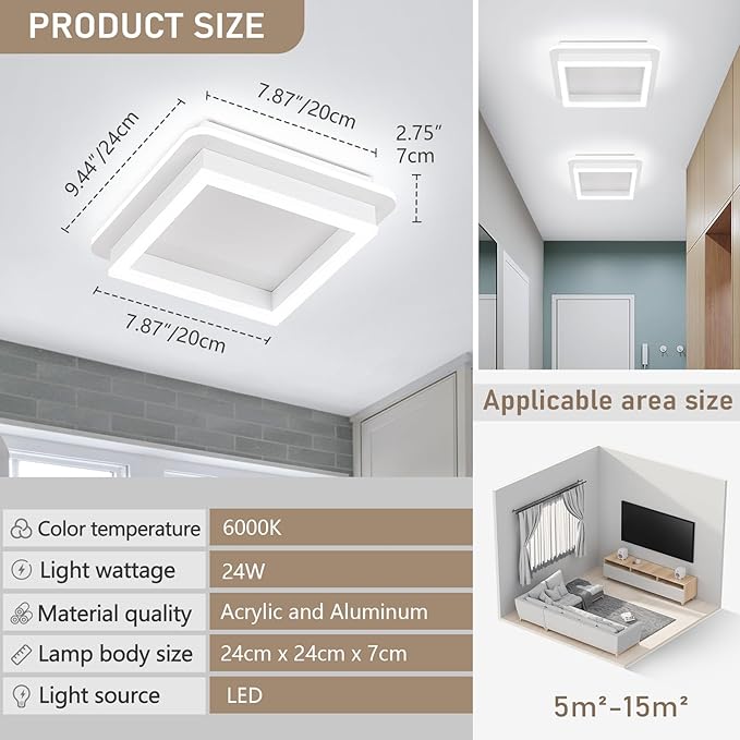 CANEOE 2 Packs Square Flush Mount Ceiling Light, 6000K Modern LED Ceiling Light Fixture, Minimalist Hallway Lighting Fixture Ceiling Lamp for Hallway Entryway Bedroom Balcony (White)