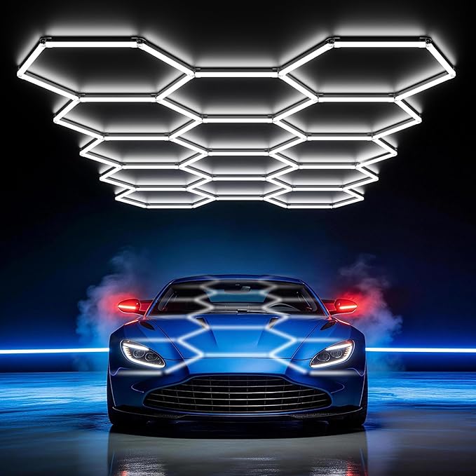 HYPERLITE Gen 2 Hexagon Garage Lights: 399W 39900LM 14 Grids Hexagon Led Light, 6500K Ultra Bright Honeycomb Hex Lights, Easy Install, Durable Design for Garage, Car Detailing, Workshops, Shops, Gym