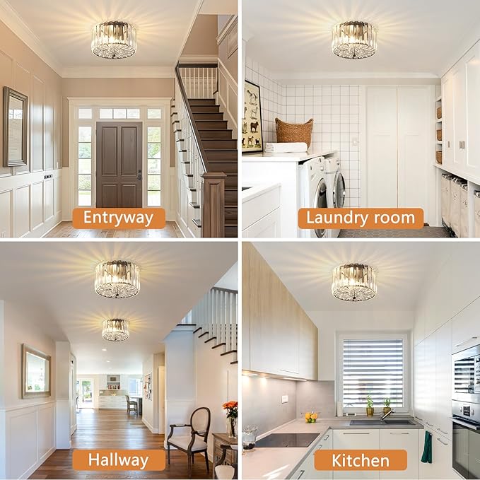 Small Crystal Ceiling Light, Modern Semi Flush Mount Ceiling Lighting Fixture, Black Small Chandelier Light Fixture, Entryway Light Fixture for Kitchen Hallway Bathroom, 2-Light, XDD007-1-BK