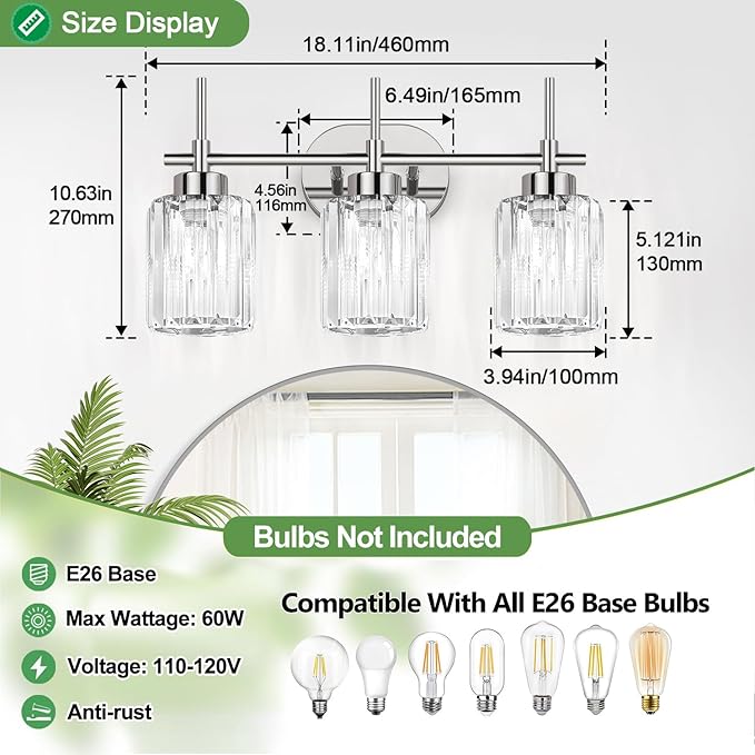 Modern Crystal Bathroom Vanity Light, 3-Light Chrome Vanity Light with Clear K9 Crystal Shades, Bathroom Light Fixtures Over Mirror (Bulbs Not Included)