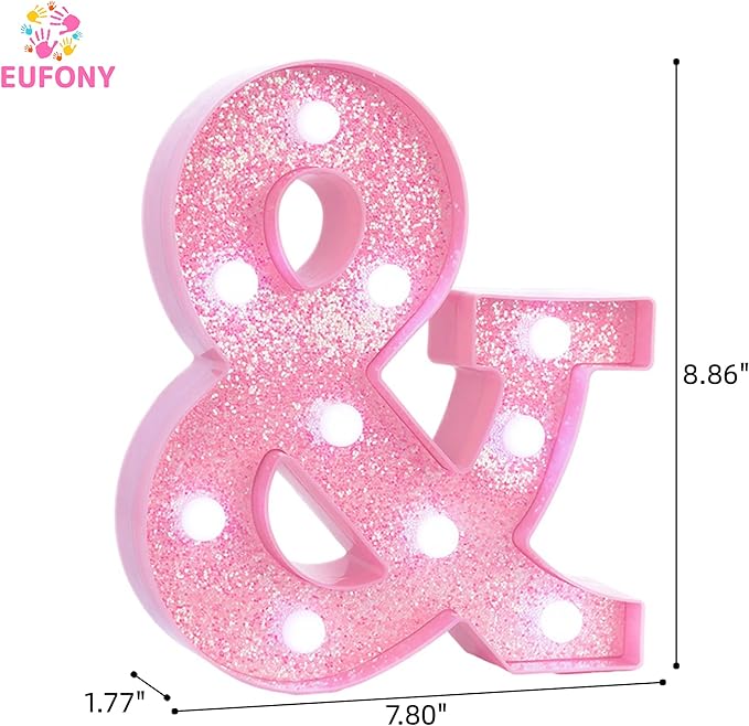 Pink Marquee Light Up Letters, Glitter Alphabet LED Letter Lights for Pink Birthday Party Decorations, Battery Operated Letter Sign for Girls Room Vanity Table Decor, Cool White Lights Symbol &