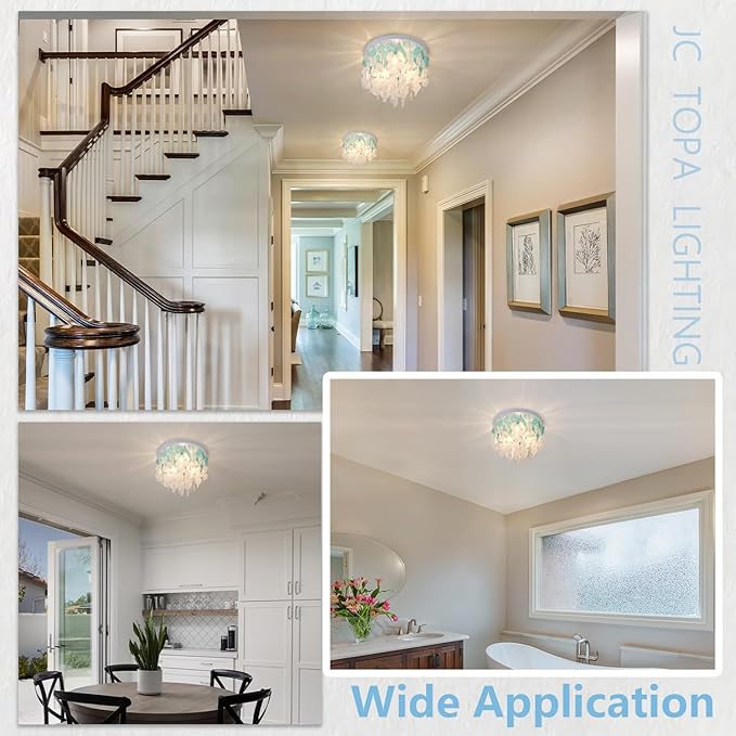 13.8" Capiz Shell Ceiling Light Fixtures 3 Lights Boho Shells Flush Mount Light for Bedroom, Kitchen Island, Bathroom, Entryway, Hallway, White and Blue