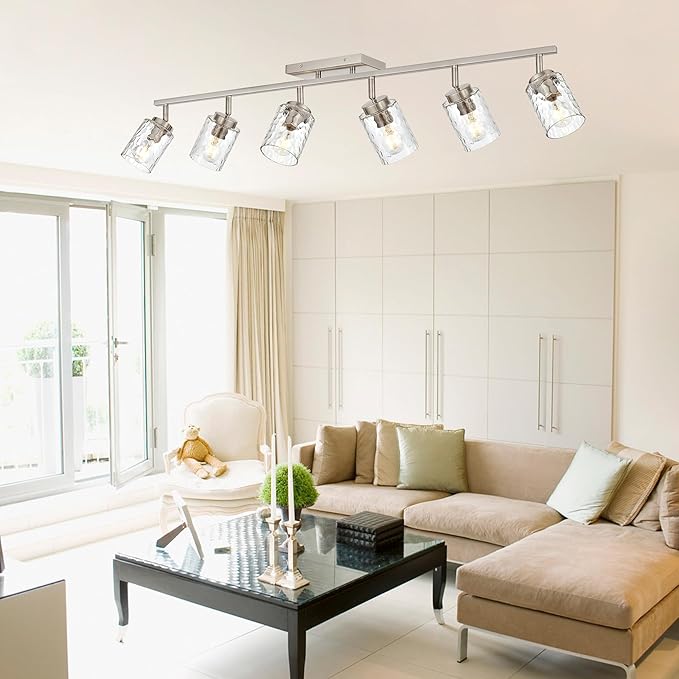 6 Light Track Lighting,Brushed Nickel Bathroom Vanity Light Modern Ceiling with Rotatable Track Head and E26 Base Vanity Lights Clear Hammered Shade Wall Mount Lighting Sconce