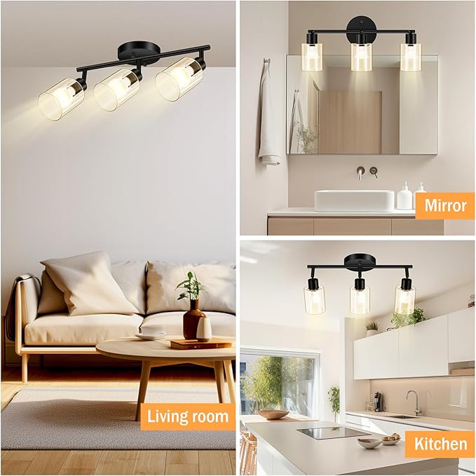 3 Light Led Track Lighting Kit, Glass Lightshade, Modern 3 Way Ceiling Spot for Kitchen, Dining Room, Bedroom, Hallway, Flexibly Rotatable Head, Black, GU10 Bulb Not Included